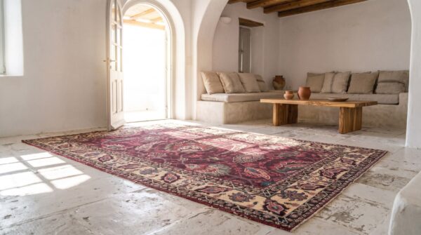 Small deep red antique 19th century indian agra rug 5 Small deep red antique 19th century indian agra rug (sku 21281) - room view