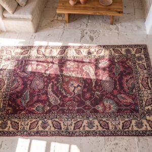 Small Deep Red Antique 19th Century Indian Agra Rug (SKU 21281) - styled overhead view