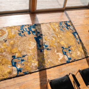 Antique Small Early 18th Century Chinese Ningxia Scatter Rug (SKU 21641) - styled overhead view