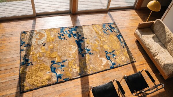 Antique small early 18th century chinese ningxia scatter rug 2 Antique small early 18th century chinese ningxia scatter rug (sku 21641) - styled overhead view