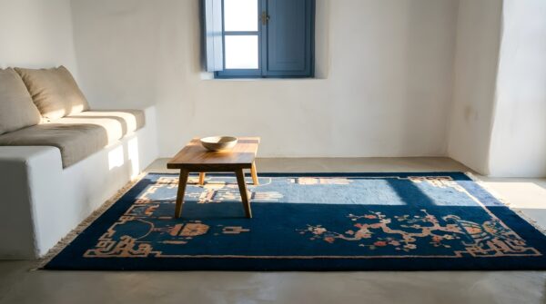 Small antique early 20th century blue chinese art deco carpet 9 Small antique early 20th century blue chinese art deco carpet (sku 25450) - room view