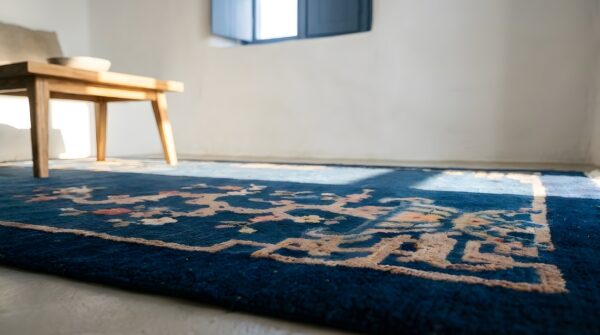 Small antique early 20th century blue chinese art deco carpet 10 Small antique early 20th century blue chinese art deco carpet (sku 25450) - in-room detail