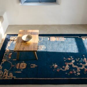 Small Antique Early 20th Century Blue Chinese Art Deco Carpet (SKU 25450) - styled overhead view
