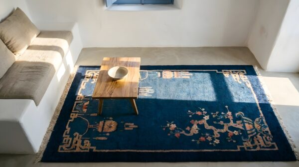 Small antique early 20th century blue chinese art deco carpet 2 Small antique early 20th century blue chinese art deco carpet (sku 25450) - styled overhead view