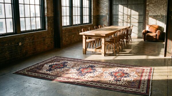 Small antique earth tone caucasian tribal geometric birds eagle kazak design seychour rug 9 Small antique earth tone caucasian tribal geometric birds eagle kazak design seychour rug (sku 18244) - room view