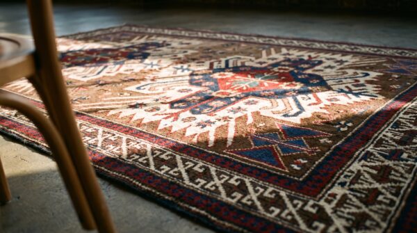 Small antique earth tone caucasian tribal geometric birds eagle kazak design seychour rug 10 Small antique earth tone caucasian tribal geometric birds eagle kazak design seychour rug (sku 18244) - in-room detail