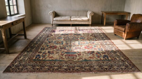 Small antique fine persian vase pattern hand knotted pile kerman prayer rug 7 Small antique fine persian vase pattern hand knotted pile kerman prayer rug (sku 18280) - room view