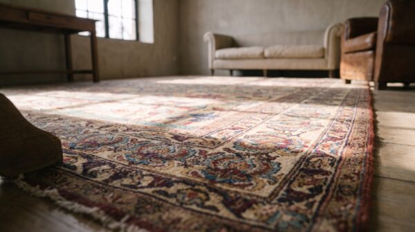 Small antique fine persian vase pattern hand knotted pile kerman prayer rug 8 Small antique fine persian vase pattern hand knotted pile kerman prayer rug (sku 18280) - in-room detail