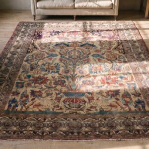 Small Antique Fine Persian Vase Pattern Hand Knotted Pile Kerman Prayer Rug (SKU 18280) - styled overhead view