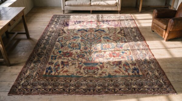 Small antique fine persian vase pattern hand knotted pile kerman prayer rug 2 Small antique fine persian vase pattern hand knotted pile kerman prayer rug (sku 18280) - styled overhead view