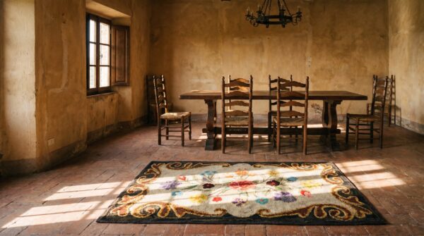 Small antique floral american hand hooked 1900s throw rug 9 Small antique floral american hand hooked 1900s throw rug (sku 17308) - room view