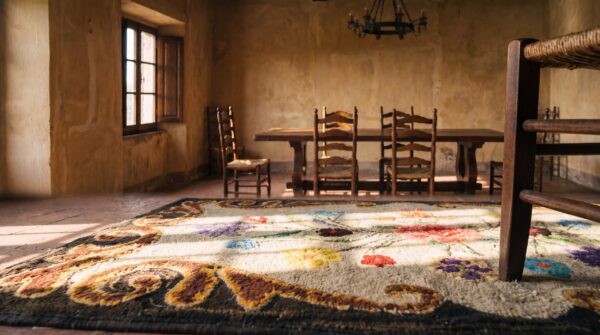 Small antique floral american hand hooked 1900s throw rug 10 Small antique floral american hand hooked 1900s throw rug (sku 17308) - in-room detail