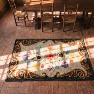 Small Antique Floral American Hand Hooked 1900s Throw Rug (SKU 17308) - styled overhead view