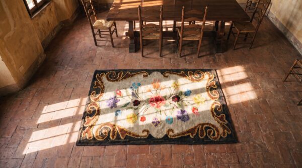 Small antique floral american hand hooked 1900s throw rug 2 Small antique floral american hand hooked 1900s throw rug (sku 17308) - styled overhead view