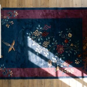 Small Antique Floral Bird Pattern Navy Blue Color Chinese Art Deco Carpet (SKU 25324) - styled overhead view
