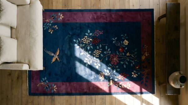 Small antique floral bird pattern navy blue color chinese art deco carpet 2 Small antique floral bird pattern navy blue color chinese art deco carpet (sku 25324) - styled overhead view