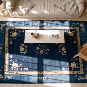 Small Antique Wool Pile Floral Pattern Peking Chinese Rug (SKU 22358) - styled overhead view