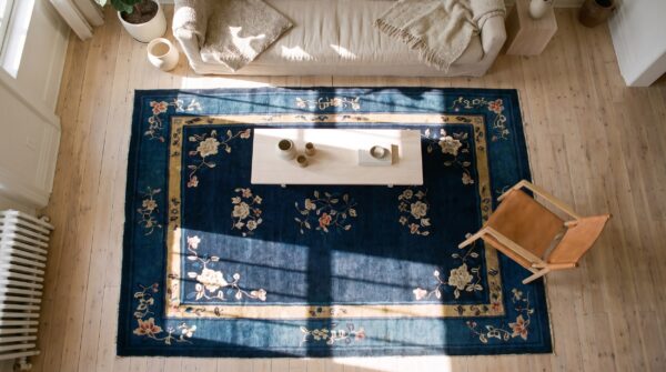 Small antique wool pile floral pattern peking chinese rug (sku 22358) - styled overhead view