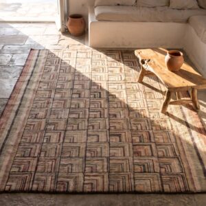 Small Antique Geometric Log Cabin Folk Art Design American Hooked Rug (SKU 20559) - styled overhead view