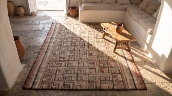 Small antique geometric log cabin folk art design american hooked rug 2 Small antique geometric log cabin folk art design american hooked rug (sku 20559) - styled overhead view
