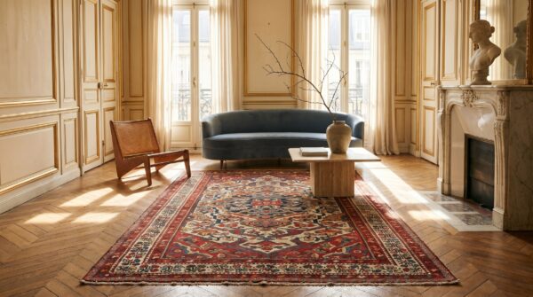Small antique ivory background medallion design persian bakhtiari rug 6 Small antique ivory background medallion design persian bakhtiari rug (sku 18135) - room view