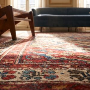 Small Antique Ivory Background Medallion Design Persian Bakhtiari Rug (SKU 18135) - in-room detail