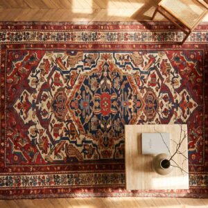 Small Antique Ivory Background Medallion Design Persian Bakhtiari Rug (SKU 18135) - styled overhead view