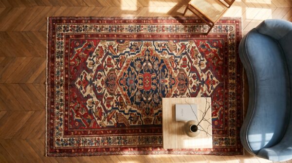 Small antique ivory background medallion design persian bakhtiari rug 2 Small antique ivory background medallion design persian bakhtiari rug (sku 18135) - styled overhead view