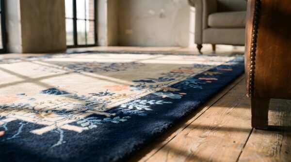 Small ivory cream color antique artistic open field floral medallion chinese peking rug 10 Small ivory cream color antique artistic open field floral medallion chinese peking rug (sku 23018) - in-room detail