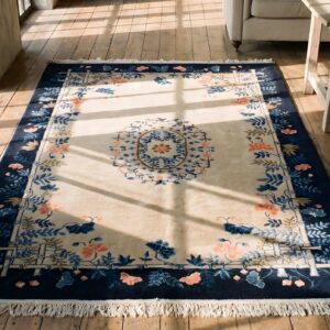Small Ivory Cream Color Antique Artistic Open Field Floral Medallion Chinese Peking Rug (SKU 23018) - styled overhead view