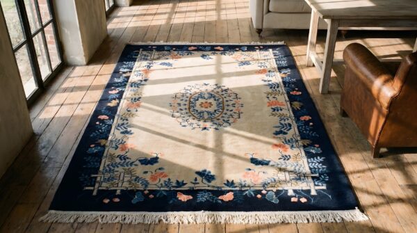 Small ivory cream color antique artistic open field floral medallion chinese peking rug 2 Small ivory cream color antique artistic open field floral medallion chinese peking rug (sku 23018) - styled overhead view