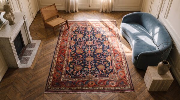 Small antique jewel tone color classic antique persian bidjar rug 2 Small antique jewel tone color classic antique persian bidjar rug (sku 20342) - styled overhead view