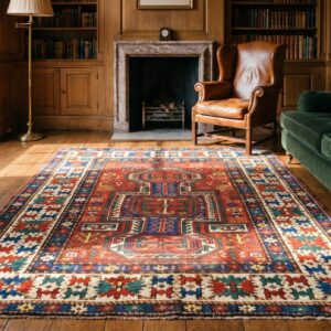 Small Antique Late 19th Century Caucasian Kazak Key Hole Design Coral Rug (SKU 19745) - room view