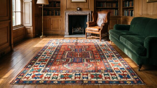 Small antique late 19th century caucasian kazak key hole design coral rug 5 Small antique late 19th century caucasian kazak key hole design coral rug (sku 19745) - room view
