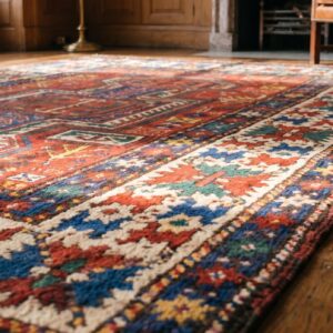 Small Antique Late 19th Century Caucasian Kazak Key Hole Design Coral Rug (SKU 19745) - in-room detail