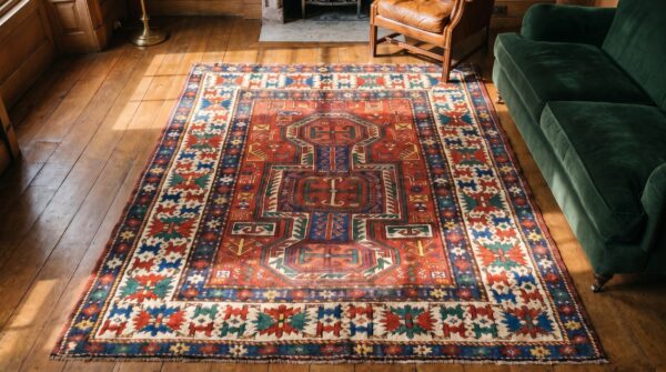Small antique late 19th century caucasian kazak key hole design coral rug 2 Small antique late 19th century caucasian kazak key hole design coral rug (sku 19745) - styled overhead view