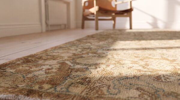 Small light neutral color antique polonaise design indian agra rug 7 Small light neutral color antique polonaise design indian agra rug (sku 20286) - in-room detail
