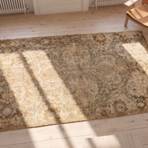Small Light Neutral Color Antique Polonaise Design Indian Agra Rug (SKU 20286) - styled overhead view
