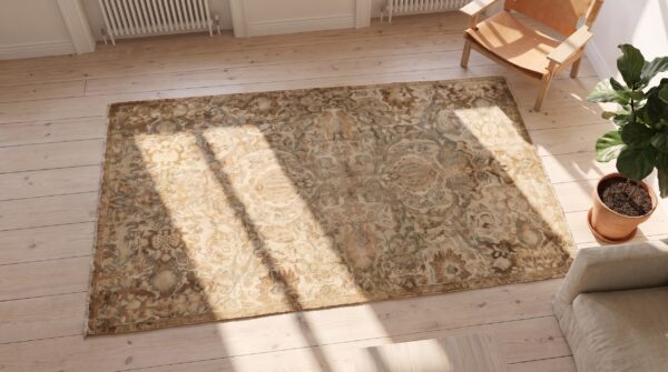 Small light neutral color antique polonaise design indian agra rug 2 Small light neutral color antique polonaise design indian agra rug (sku 20286) - styled overhead view