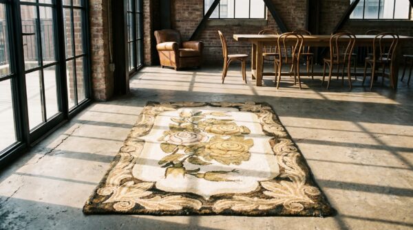 Small neutral color antique european floral design american hooked rug 4 Small neutral color antique european floral design american hooked rug (sku 18624) - room view