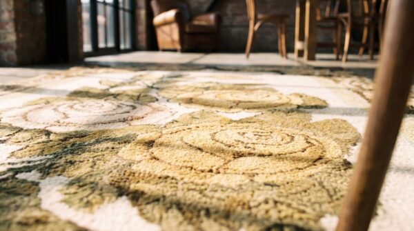 Small neutral color antique european floral design american hooked rug 5 Small neutral color antique european floral design american hooked rug (sku 18624) - in-room detail