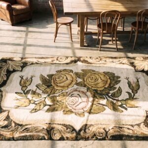 Small Neutral Color Antique European Floral Design American Hooked Rug (SKU 18624) - styled overhead view