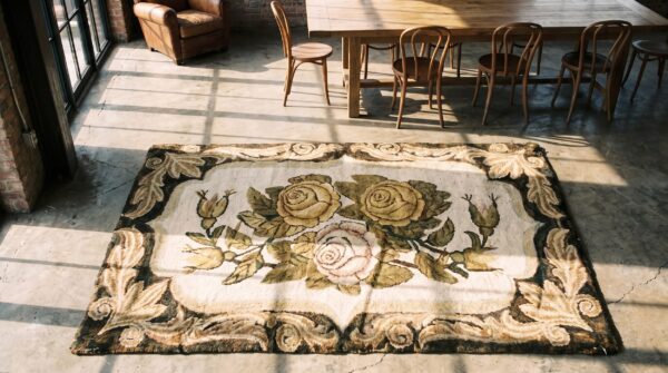 Small neutral color antique european floral design american hooked rug 2 Small neutral color antique european floral design american hooked rug (sku 18624) - styled overhead view