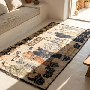 Small Pictorial Antique Worn Distressed Signed Silk Chinese Rug (SKU 22063) - styled overhead view