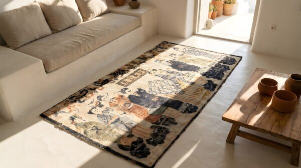Small pictorial antique worn distressed signed silk chinese rug 2 Small pictorial antique worn distressed signed silk chinese rug (sku 22063) - styled overhead view