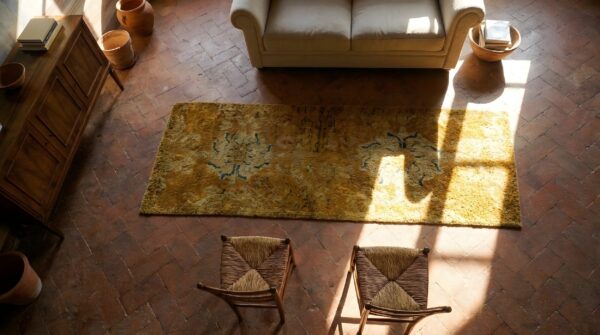 Small rare collectible antique chinese mid 17th century peking rug 2 Small rare collectible antique chinese mid 17th century peking rug (sku 25231) - styled overhead view