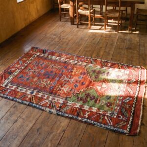 Small Red Tribal Geometric Antique Turkish Yuruk 19th Century Muslim Prayer Rug (SKU 21208) - styled overhead view