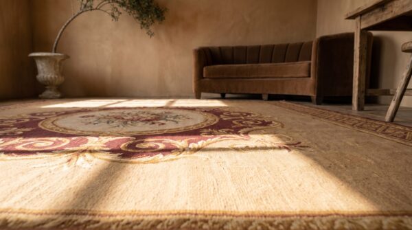 Small room size antique square french charles x style flatwoven aubusson rug (sku 18157) - in-room detail