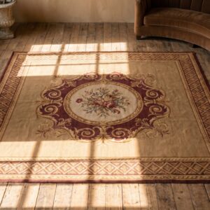 Small Room Size Antique Square French Charles X Style Flatwoven Aubusson Rug (SKU 18157) - styled overhead view