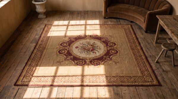 Small room size antique square french charles x style flatwoven aubusson rug (sku 18157) - styled overhead view